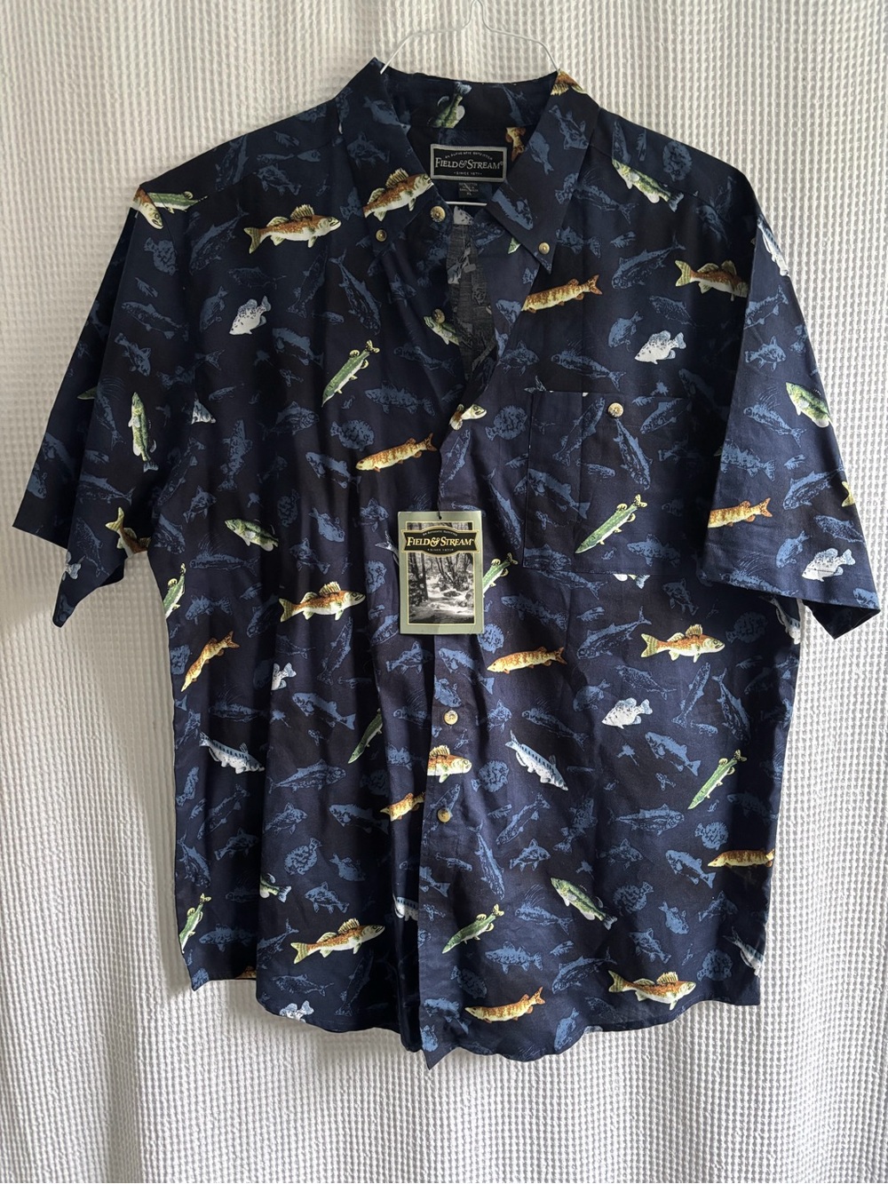 Field & Stream Navy Short-Sleeve Button-Up with Multicolor Fish Print